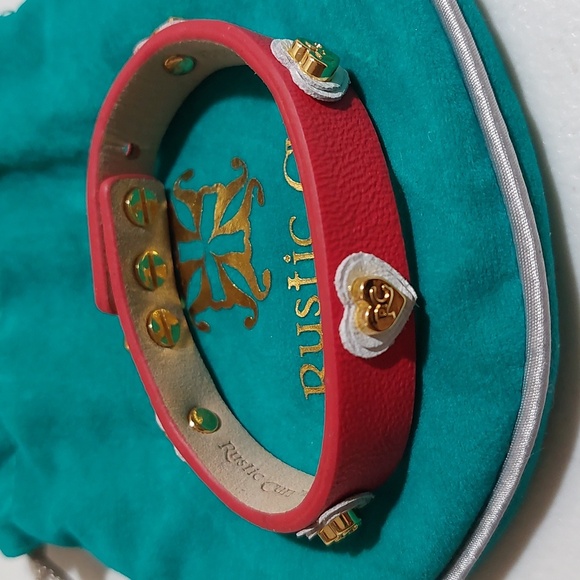 Rustic Cuff Red Genuine Leather Gold Tone White Heart Motif Accent Wrap Bracelet - Picture 2 of 5